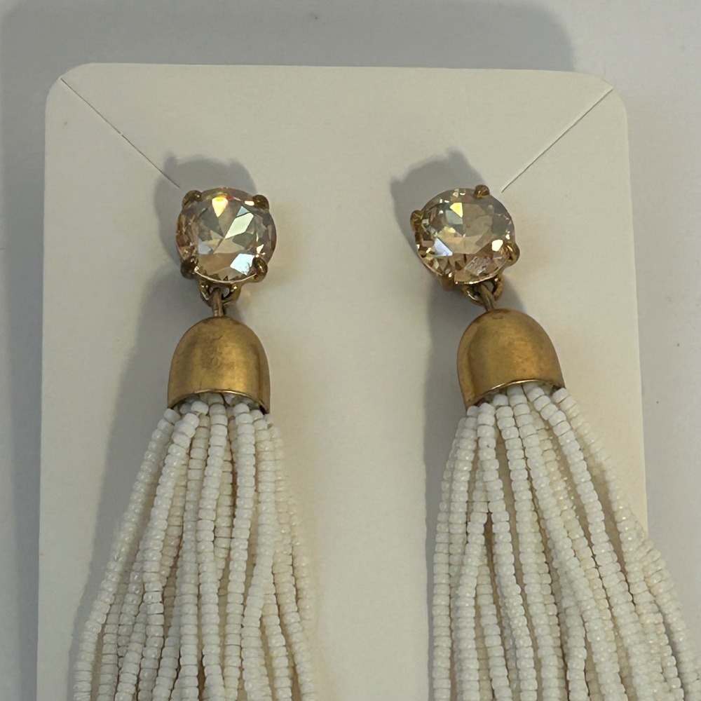 J. Crew Gold Tone Crystal Accent White Beaded Tassel Dangle Earrings Women - Picture 3 of 6